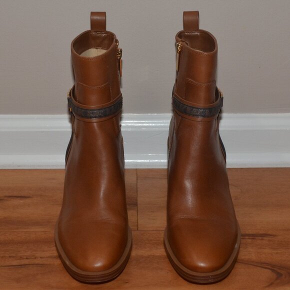 Michael Kors Womens 8.5 Brown Leather Mindy Block Heel Logo Zip Almond Boots - Picture 3 of 14